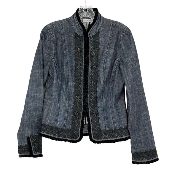 Chico's Platinum Denim Velvet & Beaded Buttons Blazer Sz 0 Romantic Dark Prairie - Picture 1 of 16